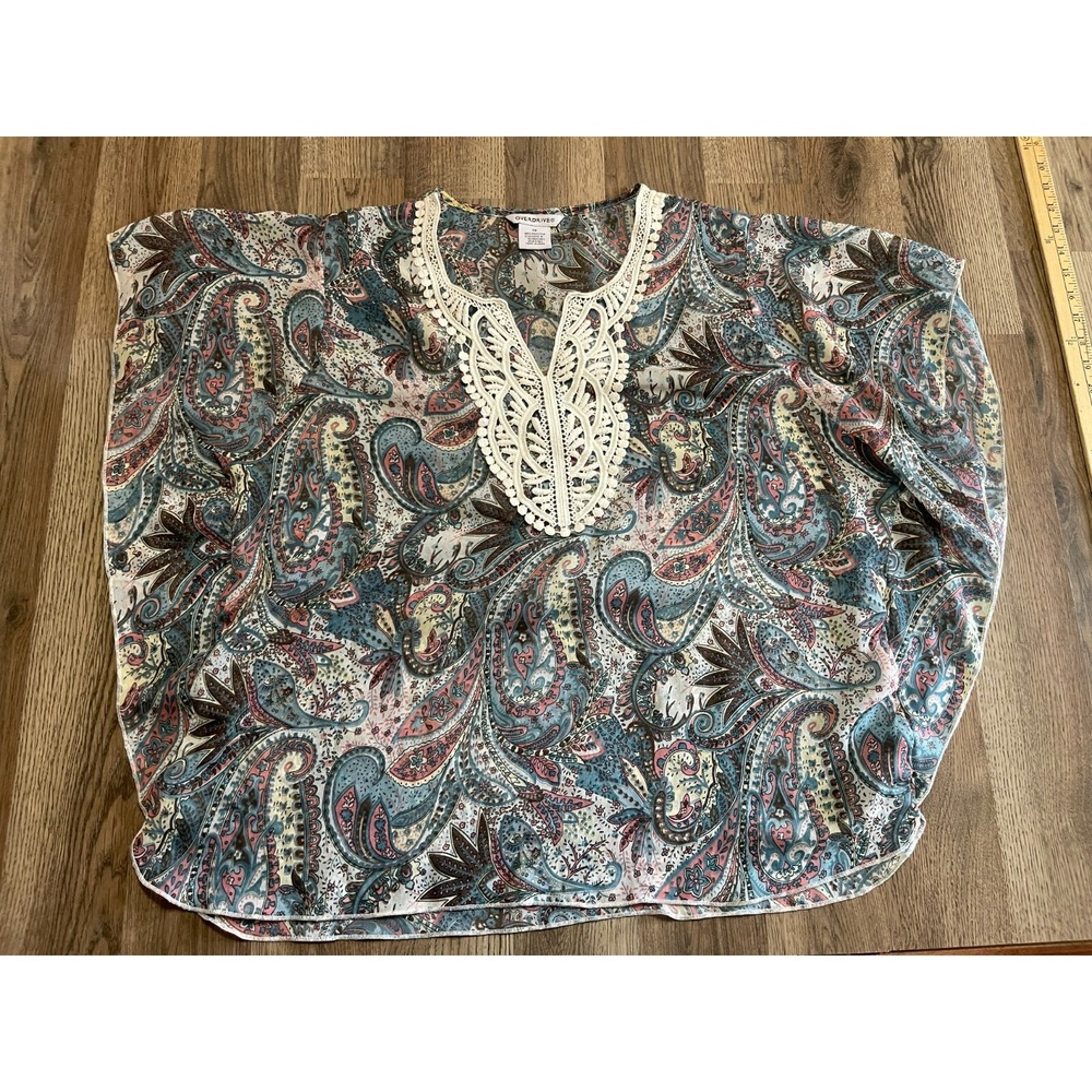 Overdrive Blouse, Women's Size 1X, Blue, Paisley, See Through